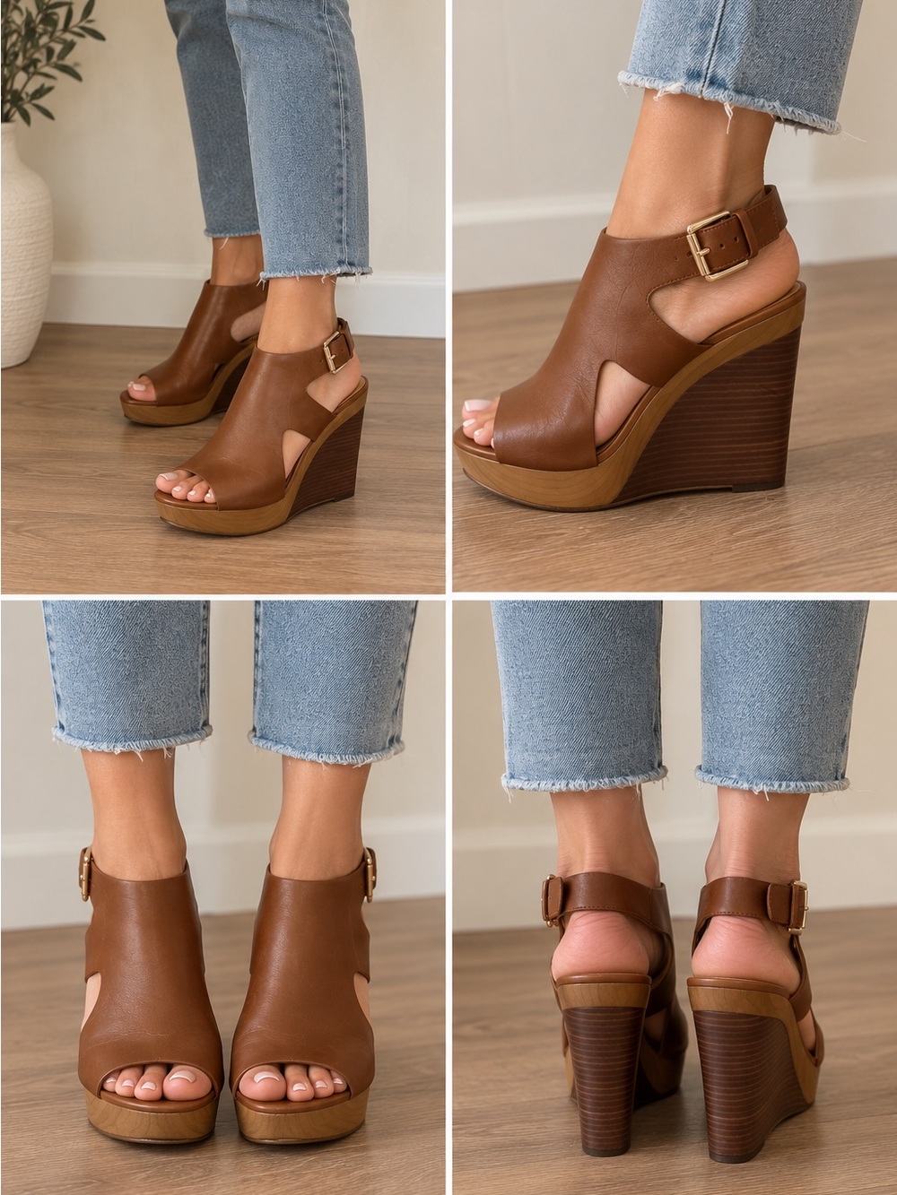 Michael Kors Brown Leather Peep-Toe Wedge Sandals